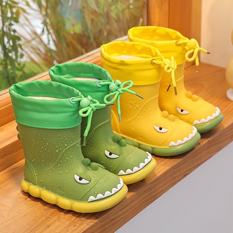 Kids Dinosaur Rain Boots Boys Girls - Non-Slip Waterproof PVC Mid-Calf Shoes With Optional Removable Lining