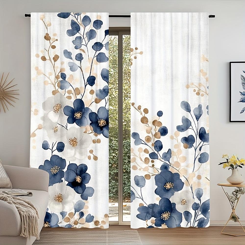 Pacote com 2 Cortinas Azul Marinho e Dourado com Estampa Floral - Tecido de Poliéster, Lavável à Máquina, Adequado para Quarto, Cozinha, Sala de Estar