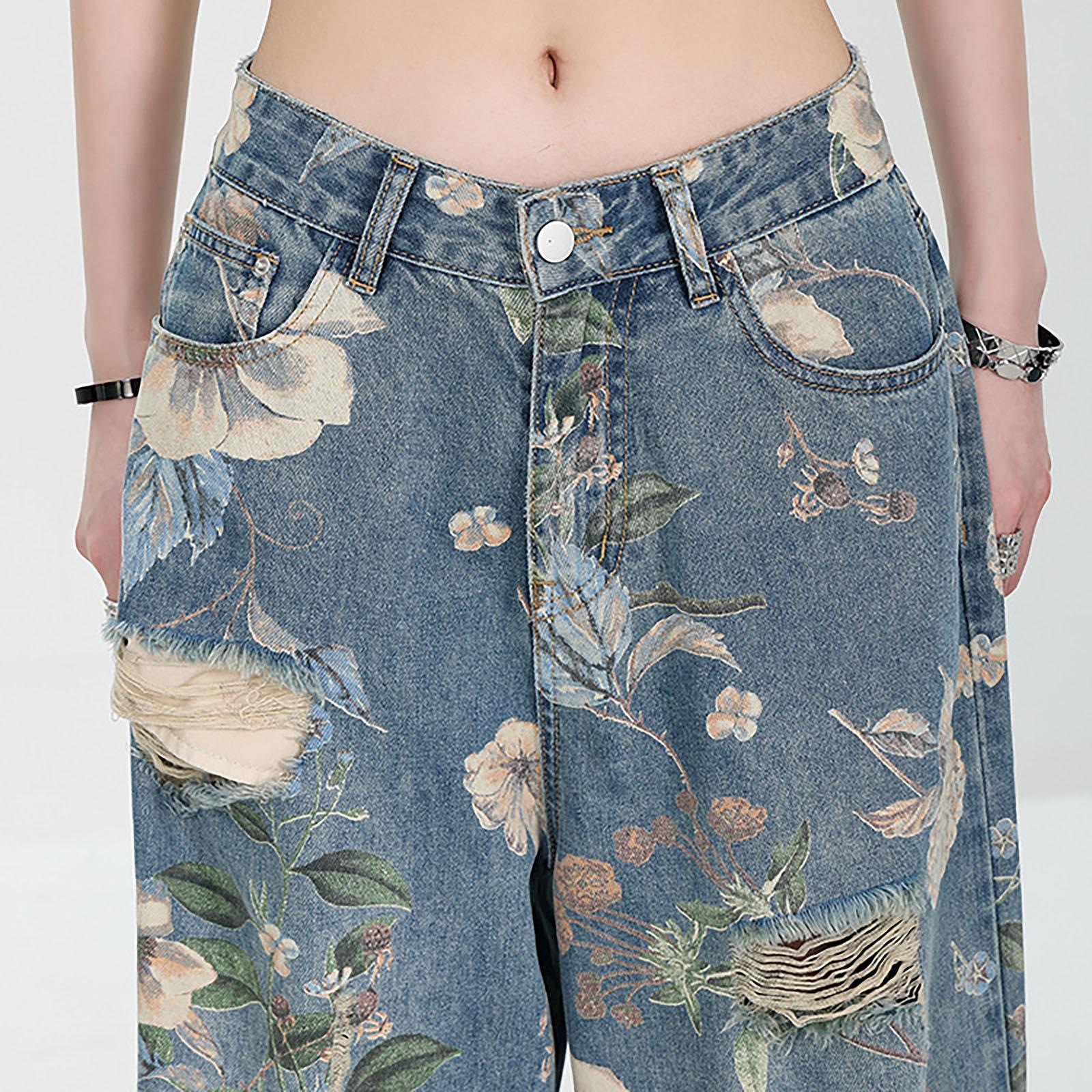 Женская мода ретро личность потертый старый с высокой талией ретро свободные прямые — фото 5