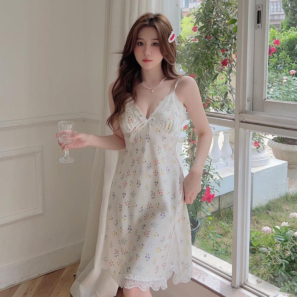 Sexy print nightdress Ice Ribbon chest pad summer thin new women's suspender pajamas pure loungewear