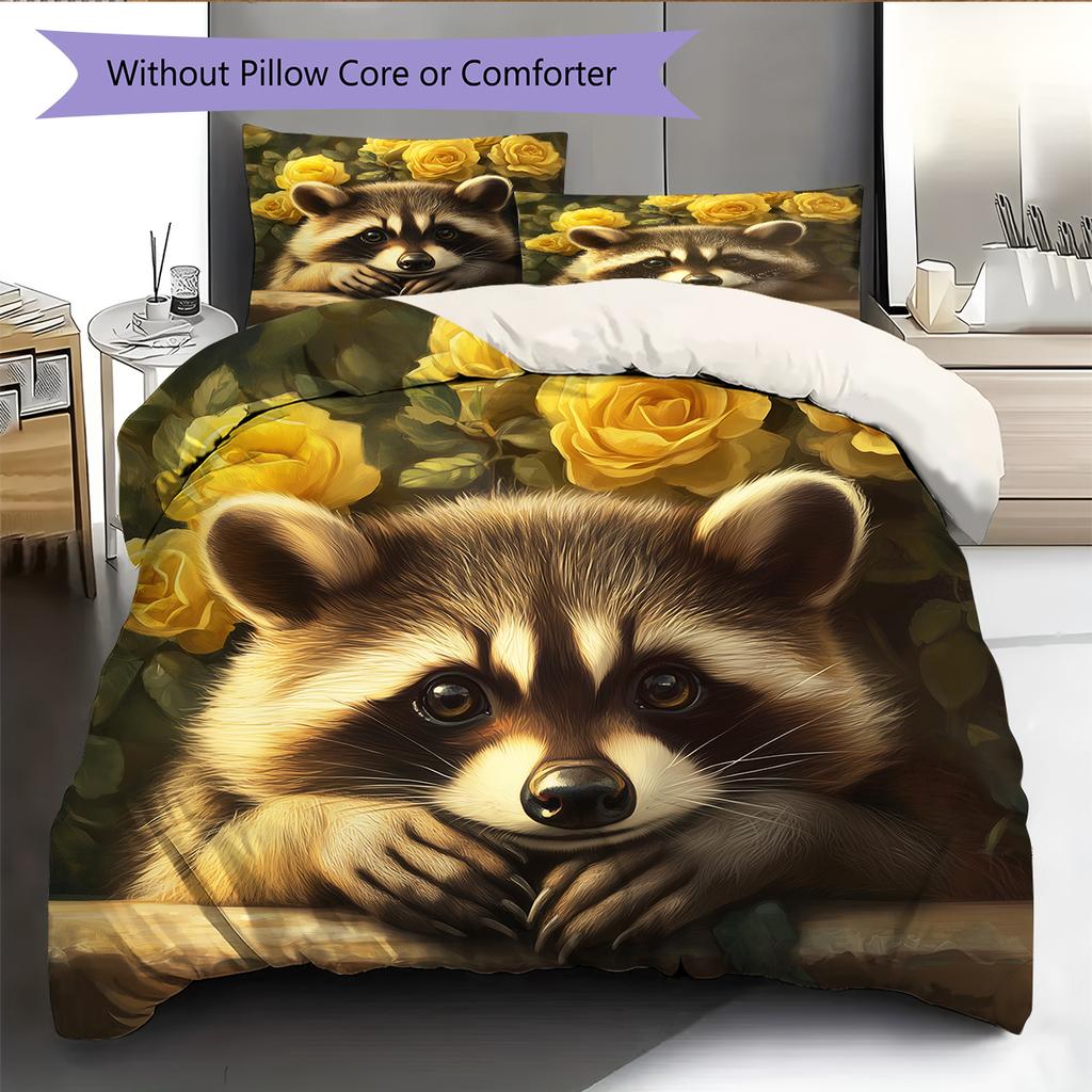 Raccoon and Fresh Flowers Pattern Bedding Home Decoration Birthday Gift (1 * Duvet Cover + 2 * Pillowcase, Without Core)