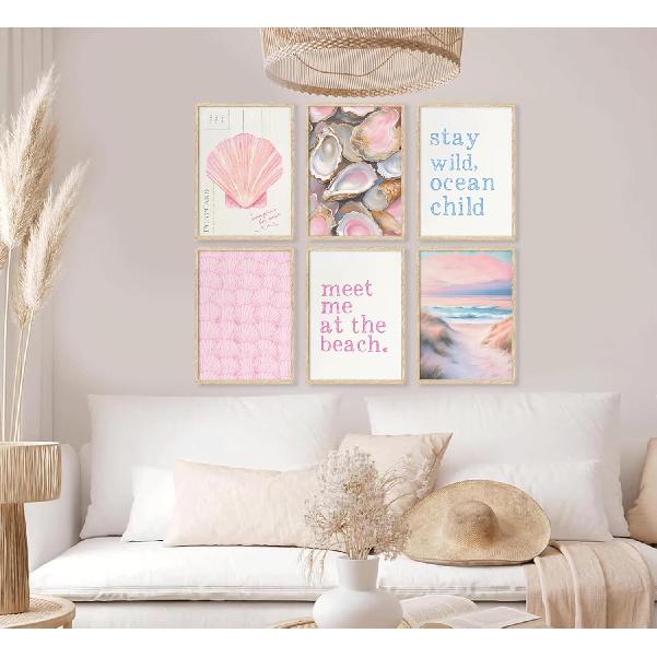 Pink Beach Preppy Wall art Coastal Granddaughter Aesthetic Room Painting Picture Wall Decor Shells Oyster Poster Print Artwork for Girls Room Girls