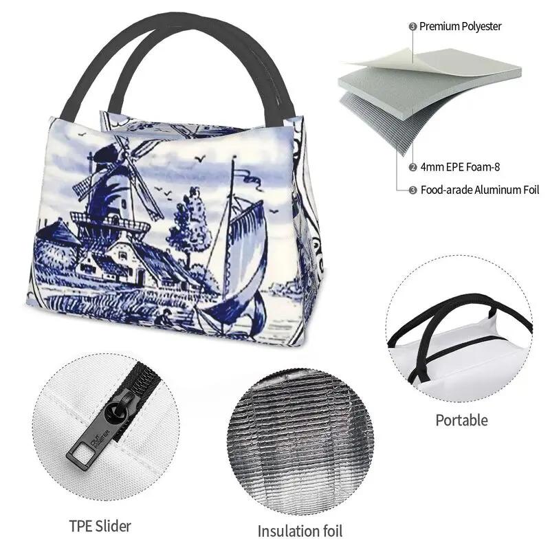 Poster Moară de Vânt Vintage Albastru Delft Olandez Genți de Prânz Izolate pentru Muncă Birou Răcitor Impermeabil Cutie de Prânz Termică Femei