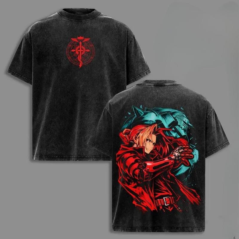 

Hot Anime Fullmetal Alchemist Edward Elric Print T-shirt Men Women Tshirts Cotton Clothing Retro Washed T Shirt Harajuku Tops S