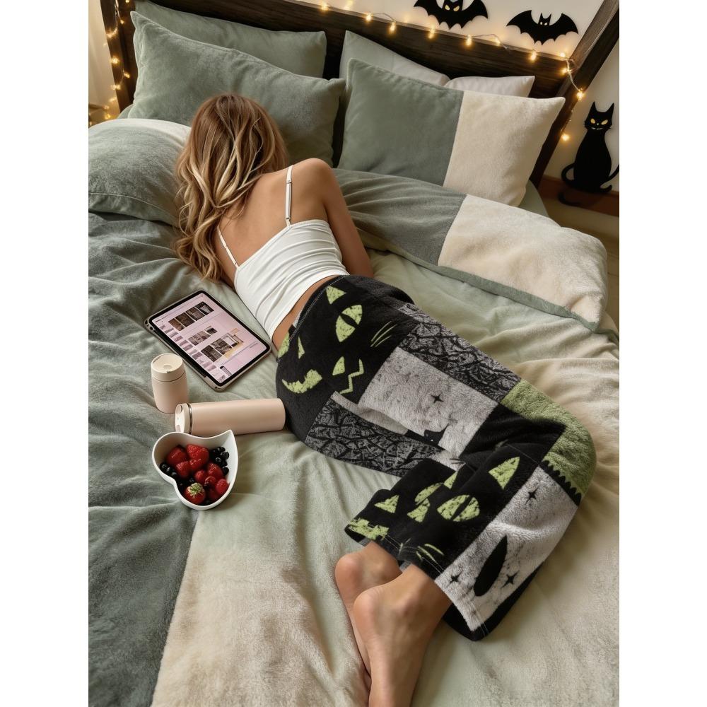 Black and green cat pumpkin ghost Halloween splicing print, women's autumn and winter velvet thermal pants