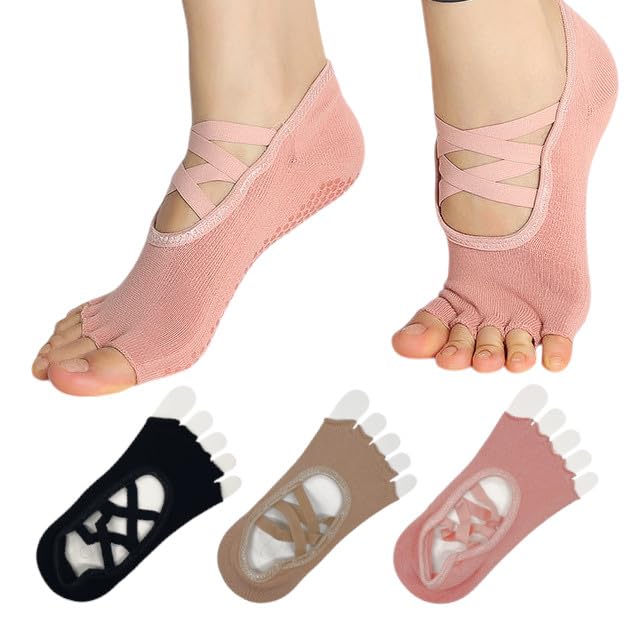 Treasure Collect Set of Yoga Pilates Stylish and Cute for Available in and Pink Pairs 1 3-Pair Socks, Discreet, Non-Slip, Five-Toe, Toeless, Non-Slip,