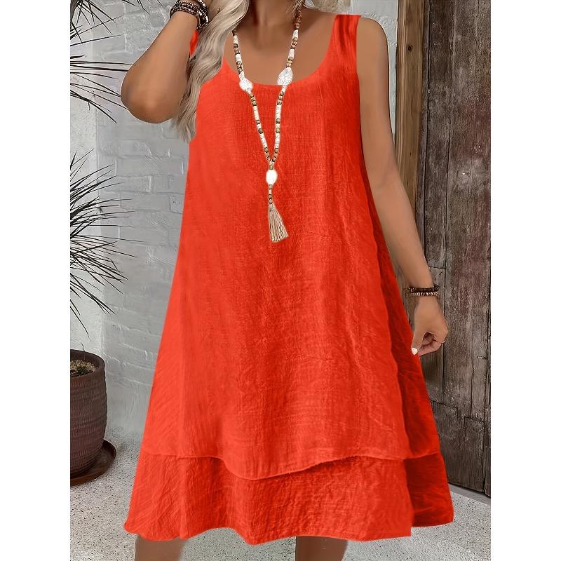 

women s Layered Hem U Neck Sleeveless Solid Color Loose A Line Midi Dress Casual Tank Sundress 5XL помаранчевий