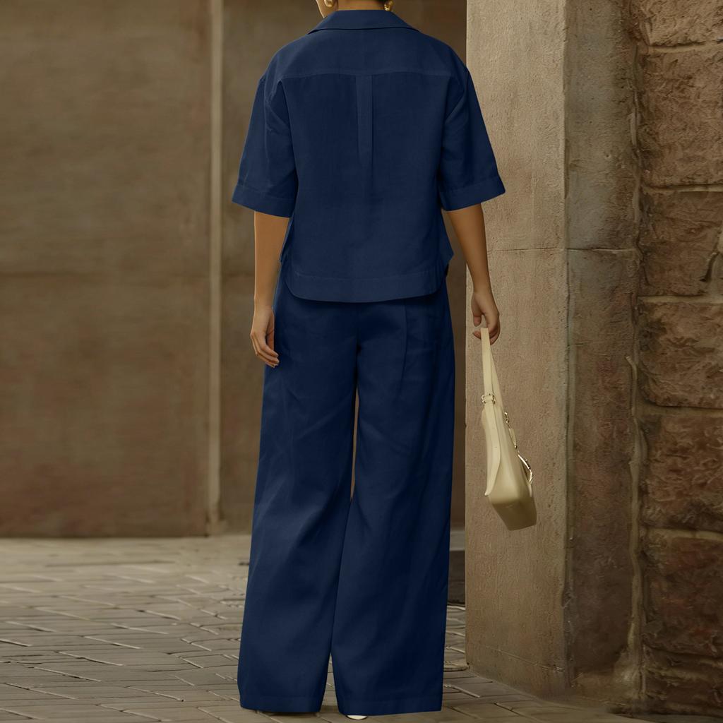 Women's Casual Two-piece Collar Top And Wide Leg Pants Set