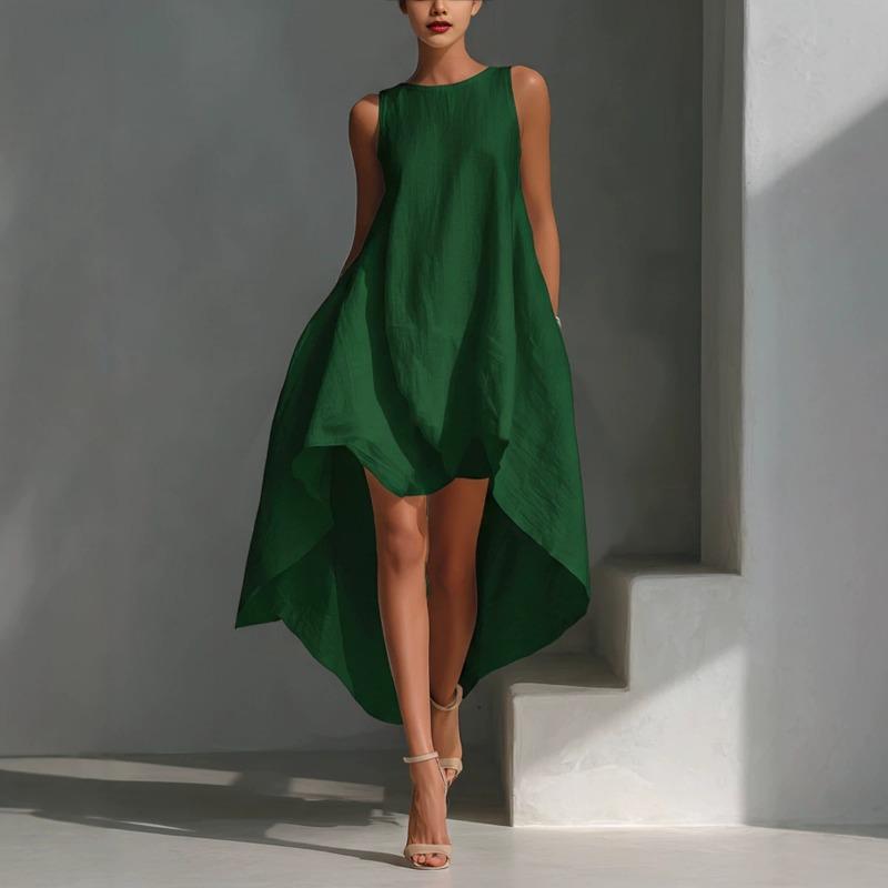 Women S Casual Solid Color Sleeveless Round Neck Irregular Flowy Long Dress