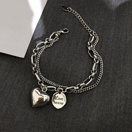 Heart Charm Bracelet Double-Layer Love Heart Alloy Bracelet Adjustable Bracelet with Heart Round Pendant Jewelry for Work Dating Anniversary Gift