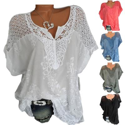 Women V Neck Short Batwing Sleeve Blouse Floral Embroidery Hollow Out T-shirt