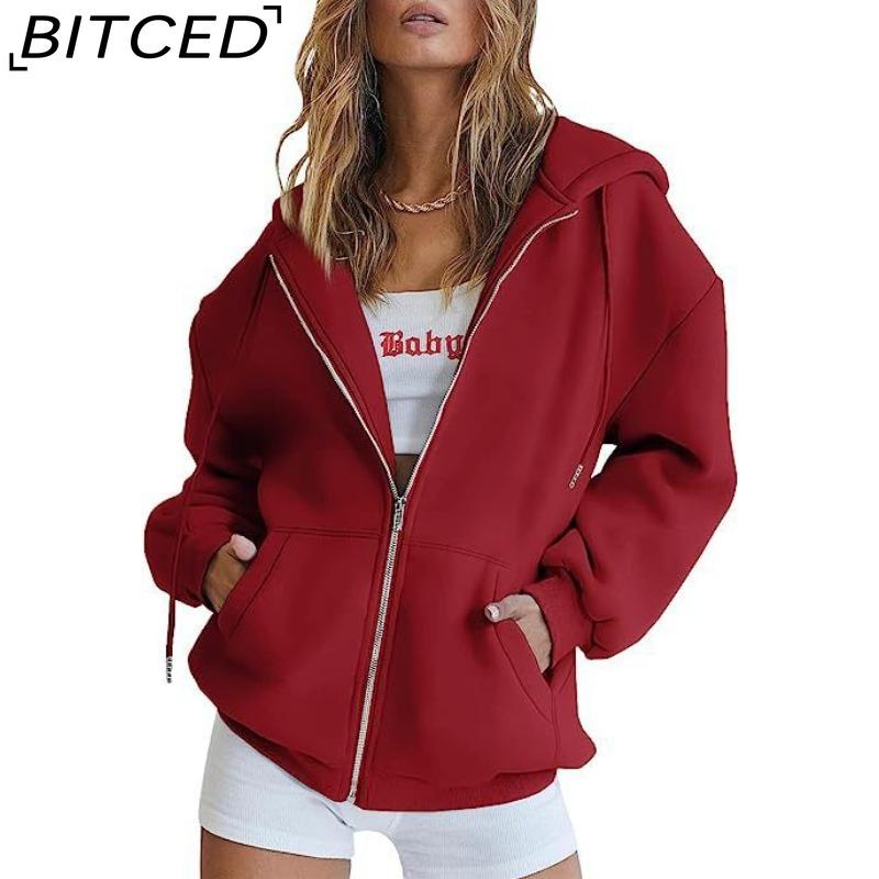 BITCED Unisex Fleece-Lined Hooded Sweatshirt Casual Cardigan with Zip-Up Front