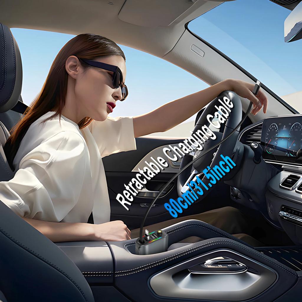 Cargador de Coche 4 en 1 12-24V con Cable Retráctil Lámpara de Ambiente Luz Superior de Estrella Adaptador 120W Cargador de Teléfono para Coche Puertos USB Tipo-C