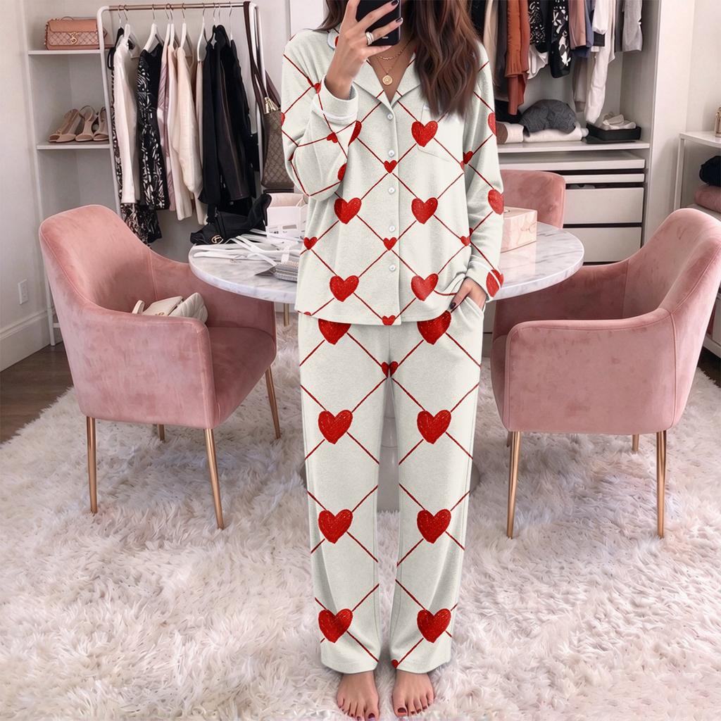 Women's Pajamas Fashion Print Long-Sleeve Button-Up Top Pocket Pants Home Casual Notched Collar V-Neck Two-Piece Set