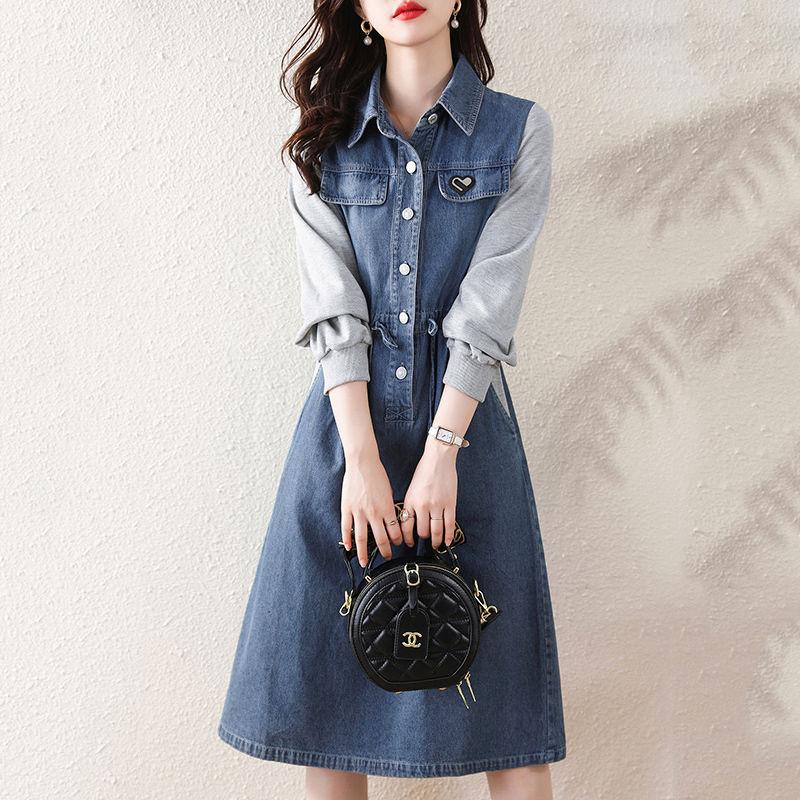 Youthful Denim Dress for Women Spring Flattering Loose Fit Cover Belly Slimming Elegant Long Dress