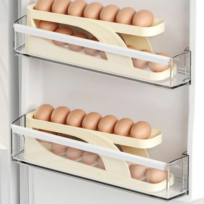 Slide Style Egg Box Side Door of Refrigerator Double Layer Automatic Egg Rolling Kitchen Storage Anti Drop Helps Keep Fresh