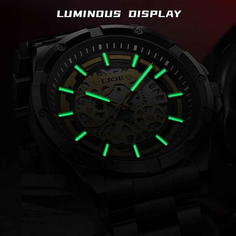 Reloj de Cuarzo para Hombre Negro Esqueleto Hueco Resistente al Agua Reloj para Hombre Deportes al Aire Libre Luminoso Fecha Reloj Masculino Relogios Masculino