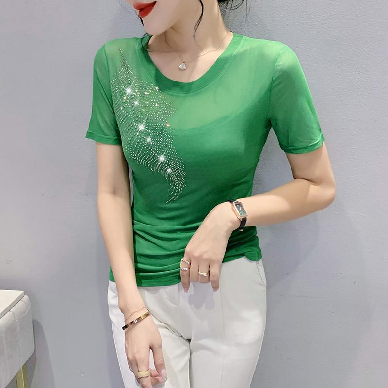 

Футболка облегающего кроя с круглым вырезом и ромбовидной отделкой из европейской женской коллекции 2023 года 3XL зелёный