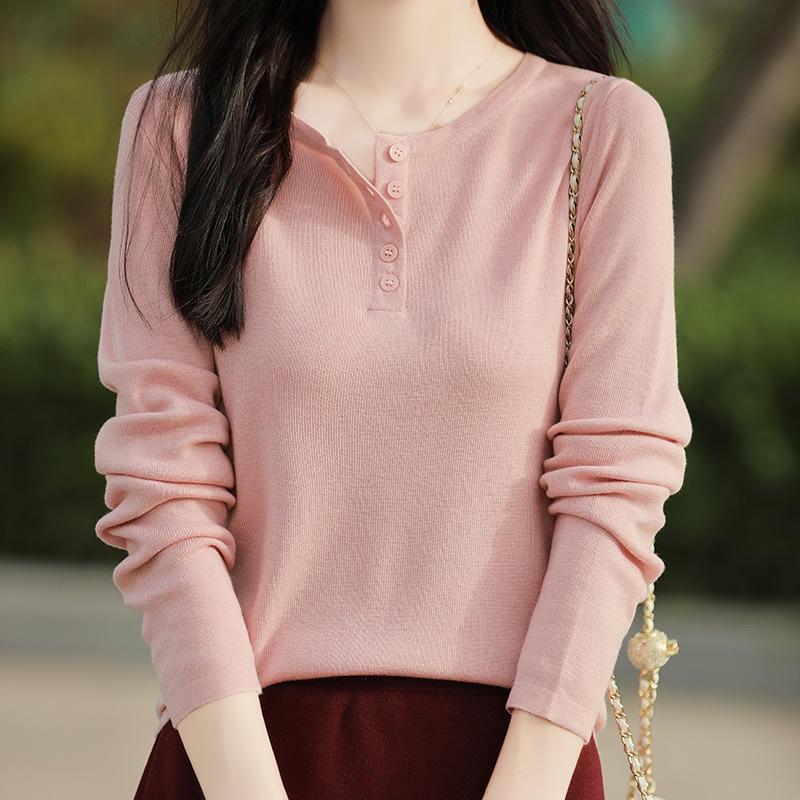 Women's Elegant Fine Wool Half-Button Round Neck Knit Sweater - Versatile, Close-Fitting Base Layer