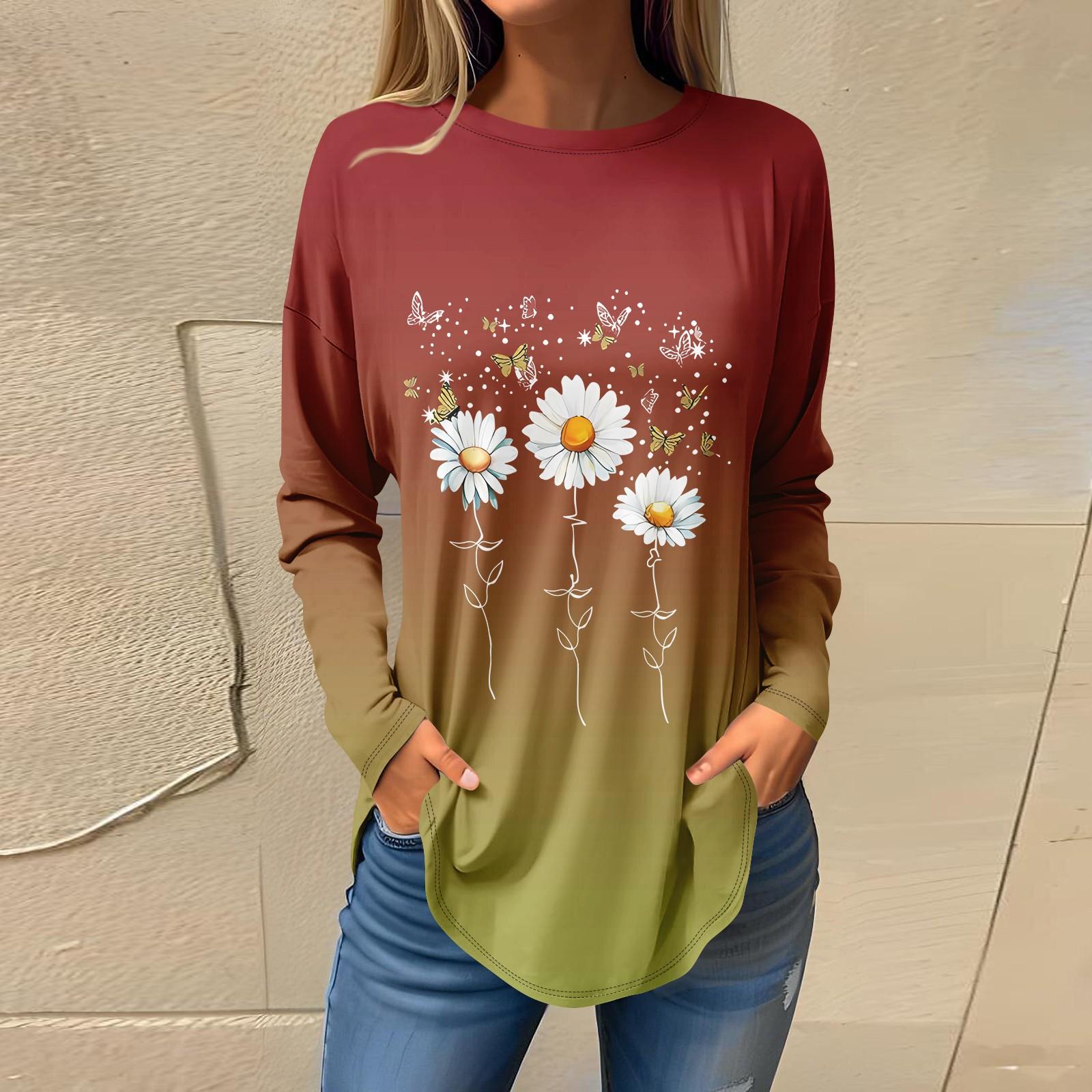 

Женская повседневная футболка с круглым вырезом и цветочным принтом, длинный рукав L