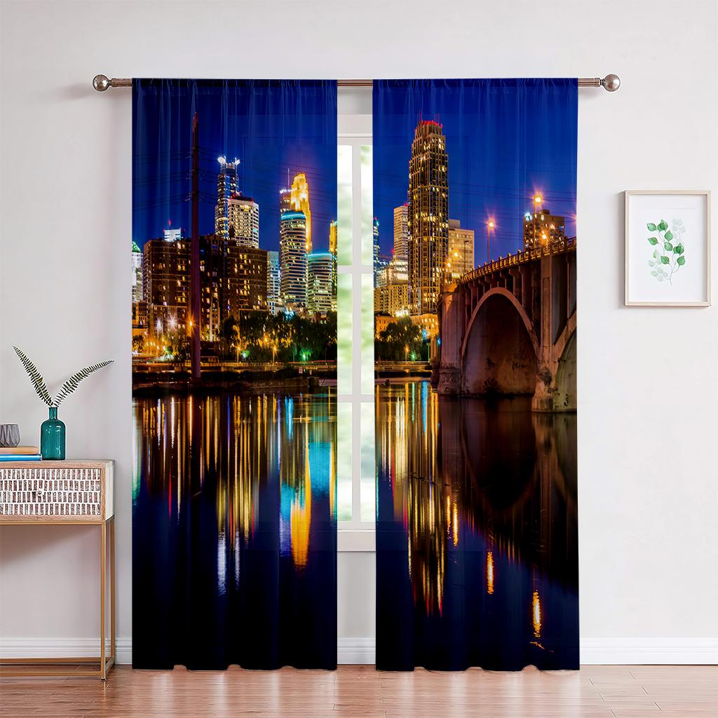

Городское здание 3D-печатные шторы Вид на улицу Ночной вид Здание Комплекс Гостиная Окна от пола до потолка Индивидуальные шторы W100xH220(CM)x2PCS&Grommet Top