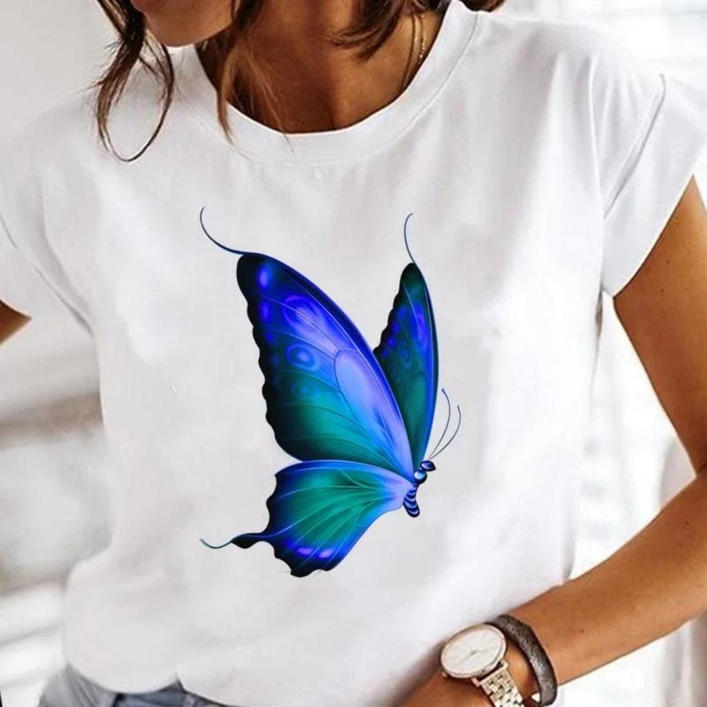 Butterfly T-shirt Watercolor Butterfly Top Tide Round Neck Large Size Retro Short-sleeved T-shirt Women's Fashio Clothing Tee
