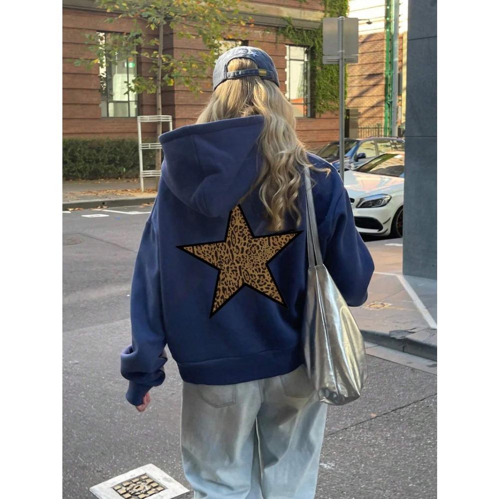 Casual Womans Hoodies Leopard Pentagram Pattern Printing Pullovers Loose Pocket Warm  Sweatshirts Autumn Female Clothing