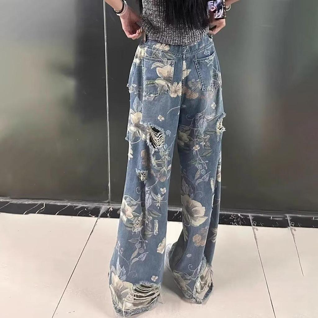 Women's Plus Size High Waist Retro Floral Ripped Wide-Leg Jeans: Summer Straight-Leg Floor-Length Design