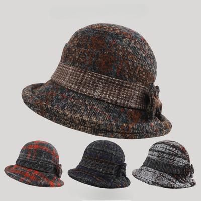 Mamas Hut Damen Winter warme Schleife klassische karierte Beckenmütze Damen mittleren Alters Mädchen Fischerhut Omas Hut