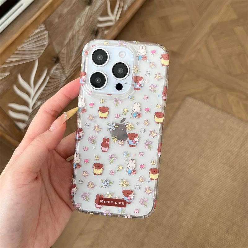 

Floral Rabbit Teddy Bear Phone Case for iPhone 13/14/15/16 Pro Max - Creative and Cute for Women iPhone 13/14