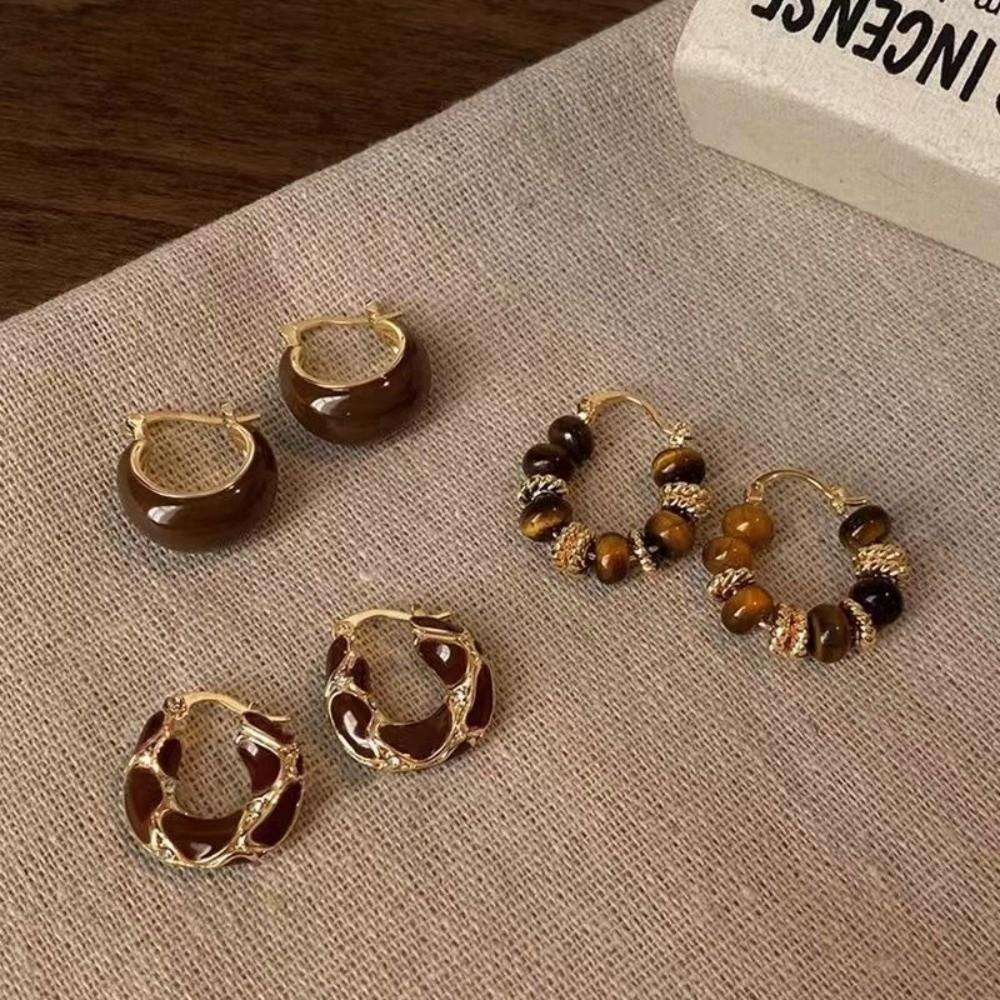 Metal Texture Hoop Earrings Vintage Dripping Oil Beaded Earrings U-shaped Earring Female Accessory