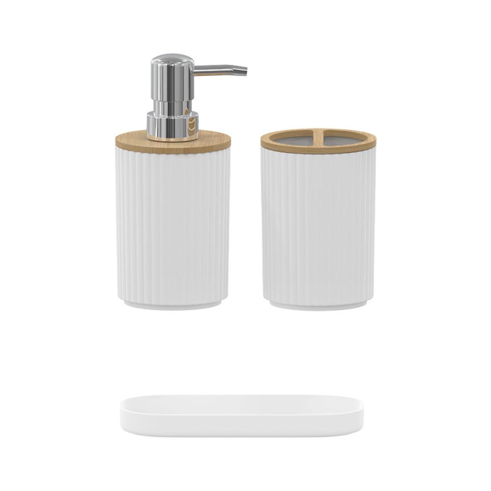 Ensemble de salle de bain en bois de bambou: Comprend Bouteilles, Brosse de Toilette, Porte-Brosse à Dents, Poubelle - 3 Pièces.