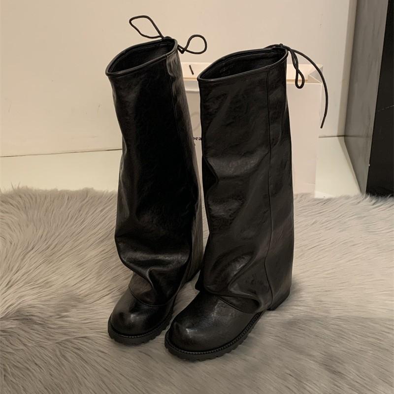 Korean version of trouser boots women's 2025 autumn and winter new Maillard retro pleated knight boots stacked boots