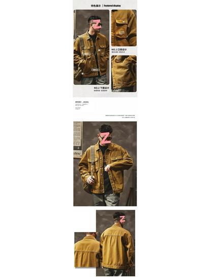 Męska kurtka dżinsowa w stylu retro z wieloma kieszeniami, odpinanym kołnierzykiem, odzież robocza, nowy trend na wczesną jesień 2025.