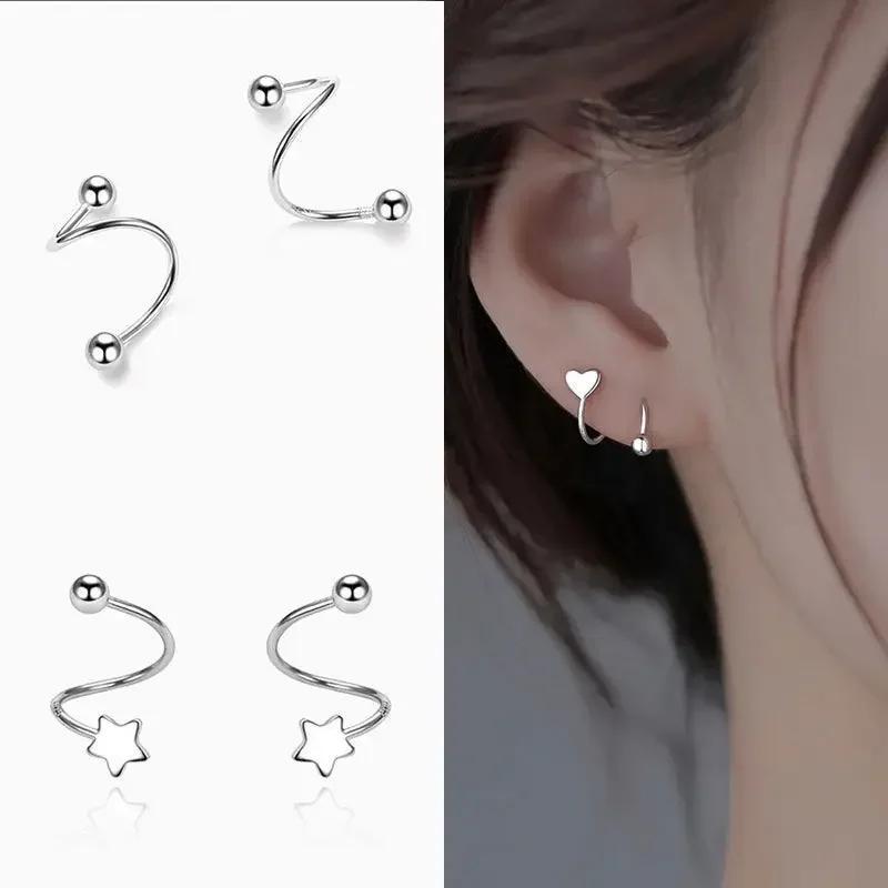 Charm Stainless Steel Spiral Twisted Piercing Heart Stud Earring for Women Personality Star Round Ear Cartilage Helix Jewelry