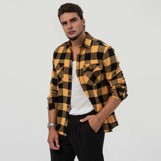 Men Casual Shirt Lapel Long Sleeve Plaid Print Shirt Tops Single Breasted Loose Fit Flap Pockets Shirt Tops