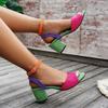 Color Large Size High-heeled Sandals Women's New One-word Sandals with Square Head Thick Heel Buckle