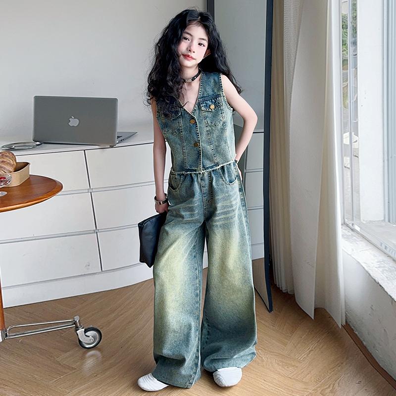Hoge Mode Kinder Straatkleding Jeans Set voor Meisjes Casual Denim 2 Delig Pak Outfits Kinderen Trendy Y2K Hip Hop Straatkleding Set
