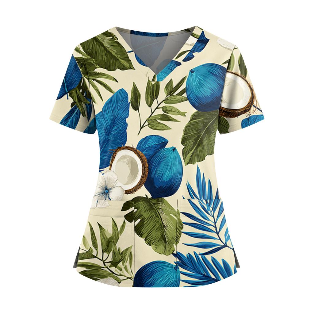 Women's Hawaiian Print V-Neck Double Pocket Short Sleeve Uniform/ Top