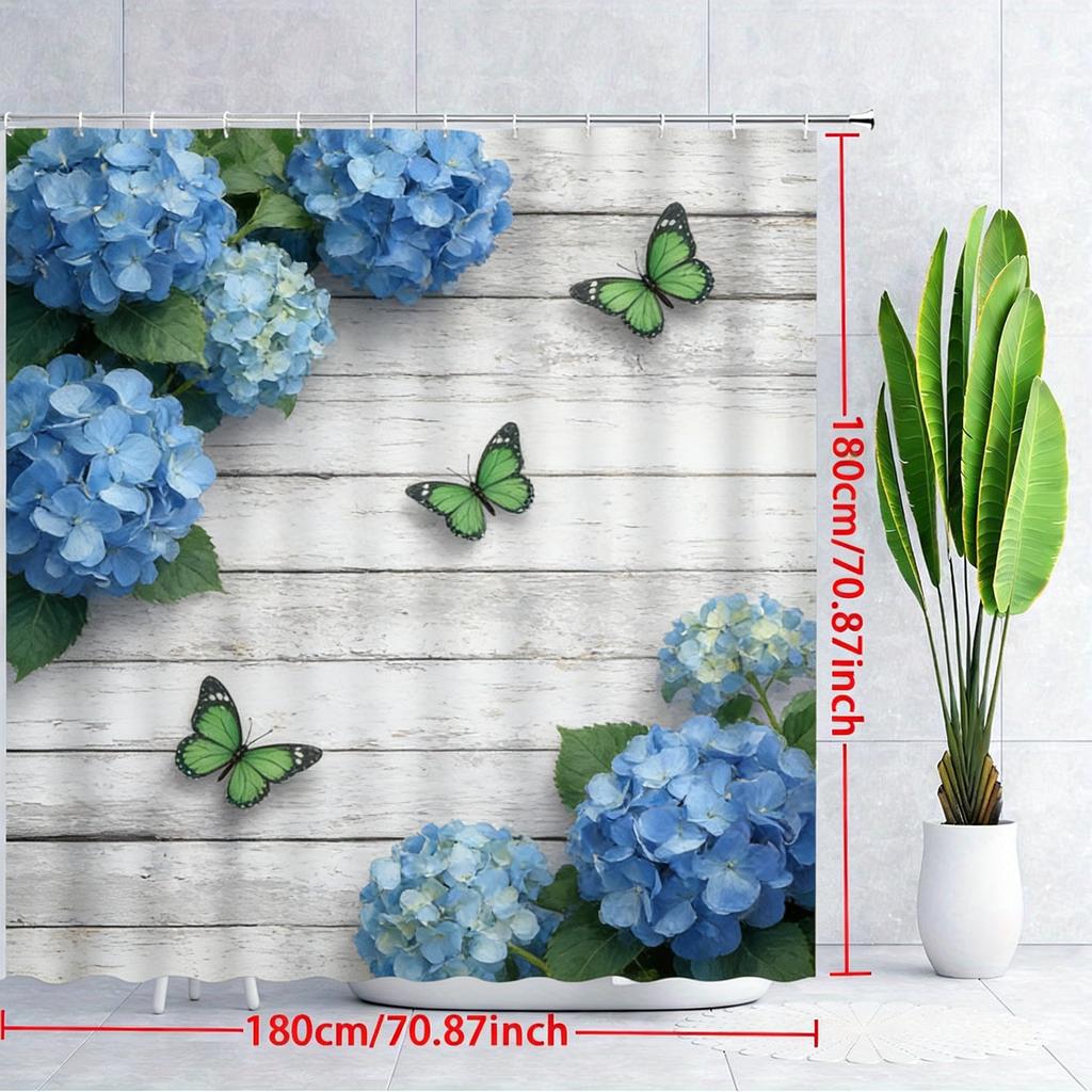 Vintage Pink Roses & White Butterflies On Rustic Wooden Planks Waterproof Shower Curtain For Bathroom Decor