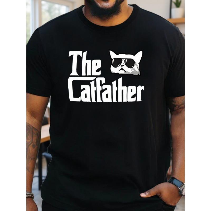 European Sizes Men's Large Cat Dad T-Shirt - Funny Cat Paw Print & Dad Lettering, Elastic Crew Neck Short Sleeve Tee