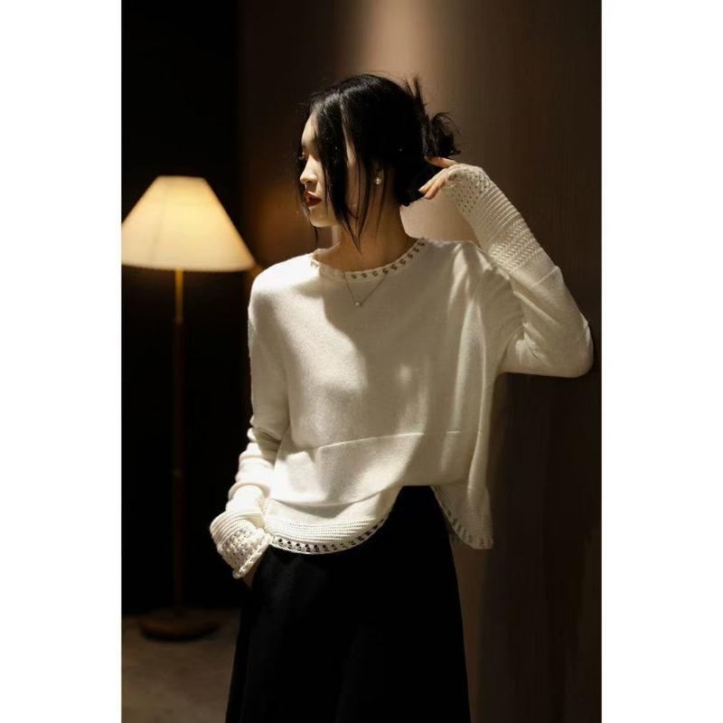 Women Loose Hollow Out Crew Neck Thin Knit Sweater Casual Long Sleeve Pullover Top