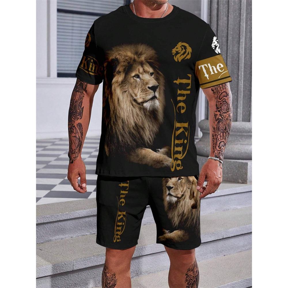 2024 New Crew Neck Short Sleeve T-shirt Fashion Shorts Set 3D Lion Print Short Sleeve Shorts 2-piece Men's Summer Sports Set