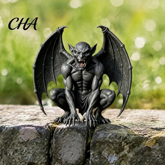 Indoor Outdoor Garden Accents Gargoyle Figurine, Medieval Dark Winged Statue, Resin Gothic Sculpture Horn Demon Ornament for Office Bookshelf