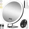 30x Magnifying Mirror With Light, 15cm 3 Color Modes Dimming, With 3 Suction Cups And 360 Table Stand
