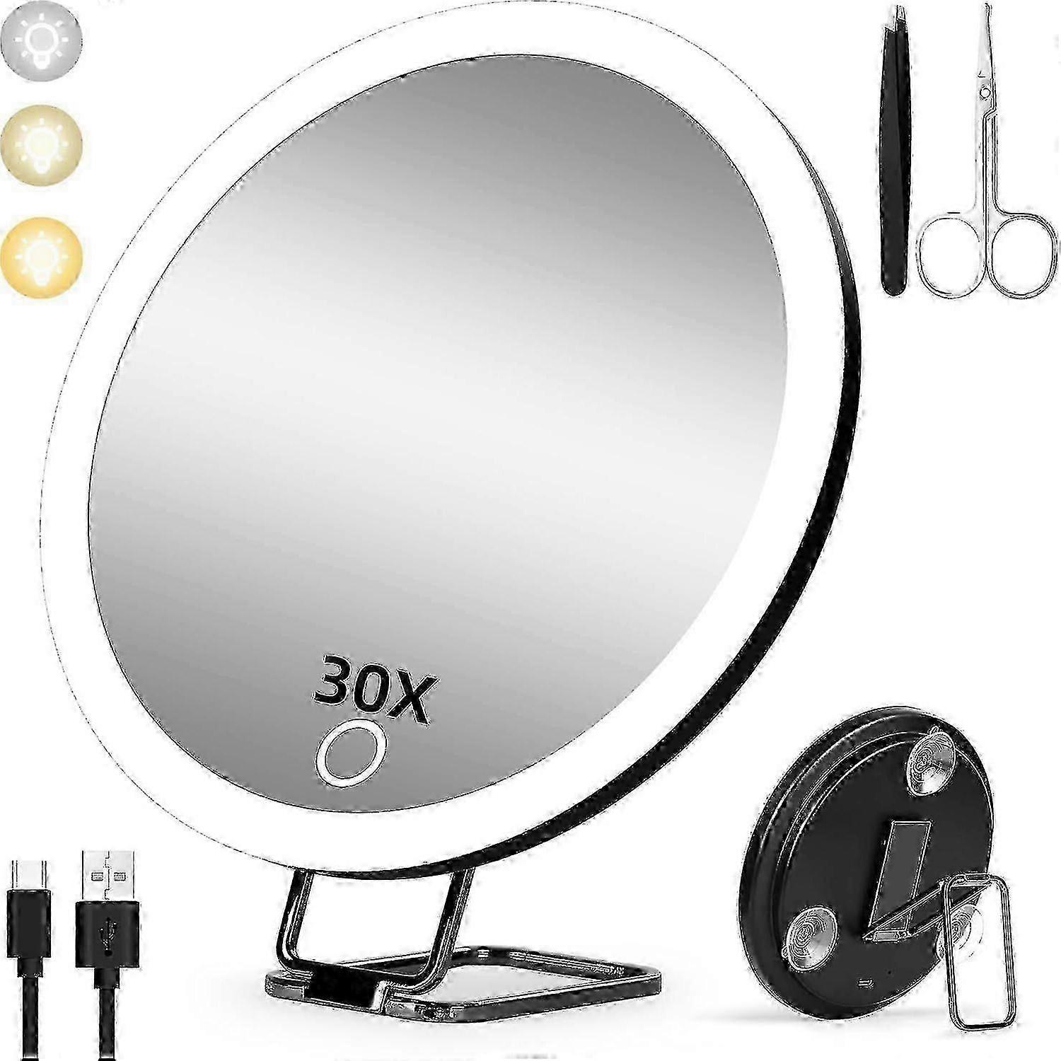 30x Vergrößerungsspiegel mit Licht, 15 cm, 3 Farbmodi, Dimmbar, Mit 3 Saugnäpfen und 360° Tischständer