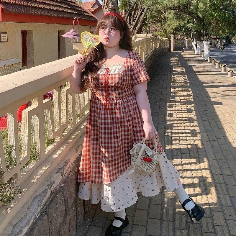 Large Size College Style French Sweet Temperament Fake Two-piece Dress Women's Summer Slim and Thin Plaid Dress