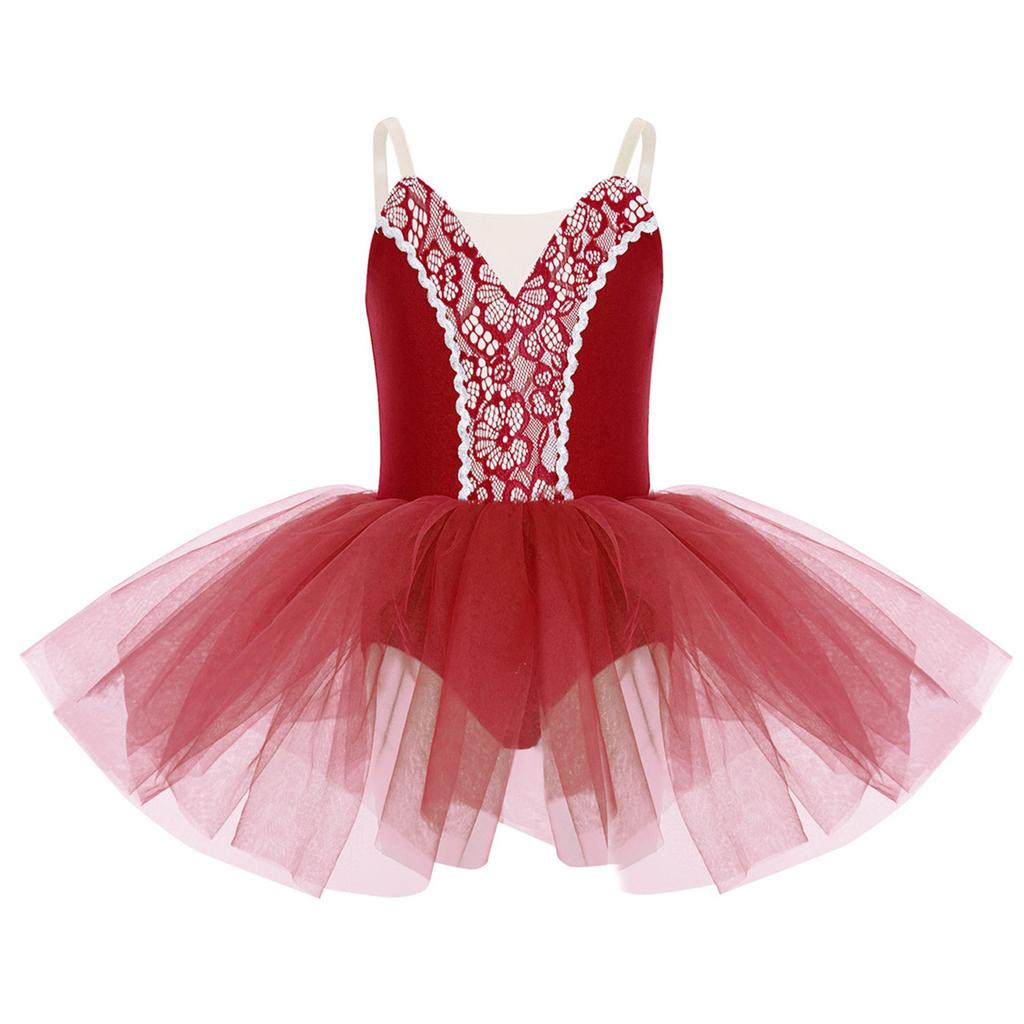 Girls Sleeveless Adjustable Spaghetti Strap Front Lace Tutu Ballet Dance Dress