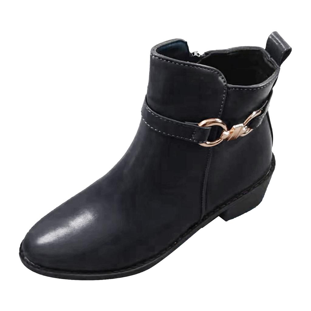 Mode Damen Leder Quadratische Absätze Reißverschluss Uni Kurze Stiefeletten Runde Zehenschuhe Stiefel Damen Stiefeletten