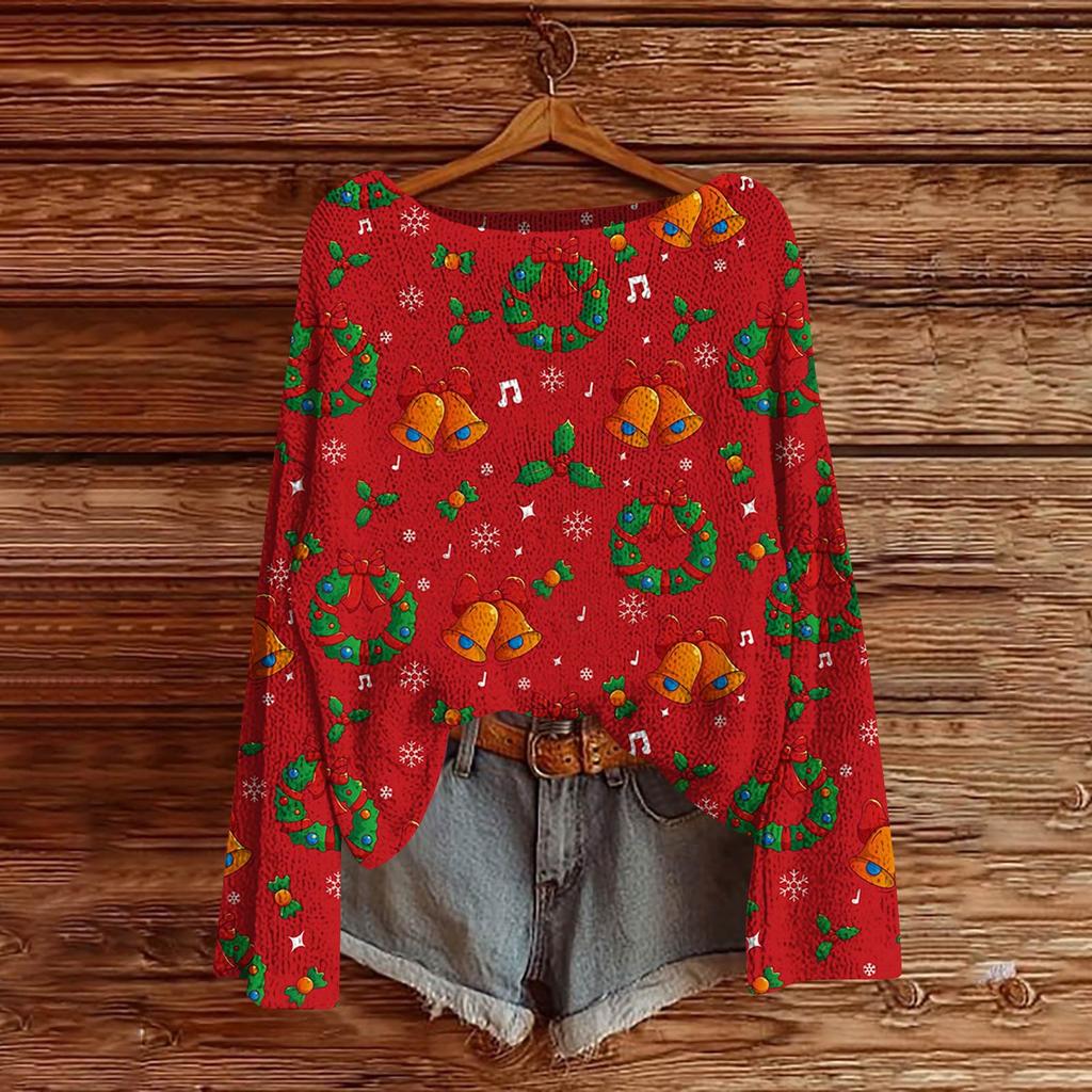 Women's Fashion Christmas Print Lightweight Sweater Casual Long-Sleeve Knit Pullover Top